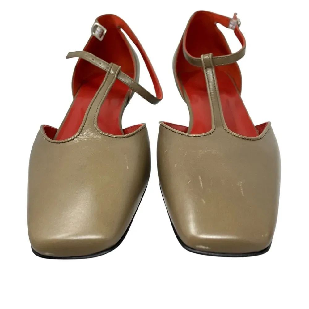 J Crew T-Strap Italian Leather Kitten Heels Womens 7.5 Aged Taupe‎ CR930